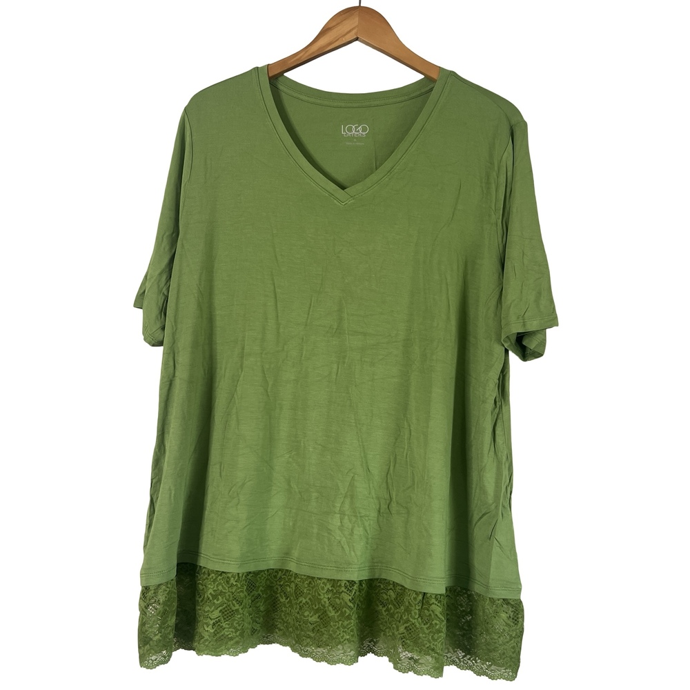 A698979 LOGO Layers by Lori Goldstein Elbow Sleeve Lace Hem Top Aloe XL